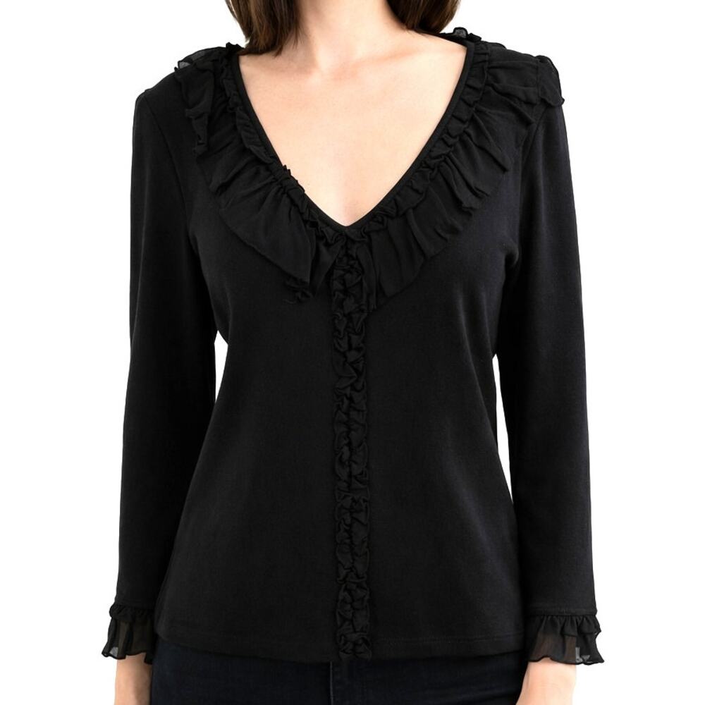 Real Clothes Silk Blend Ruffle V Neck Top Black Romantic Whimsigoth M